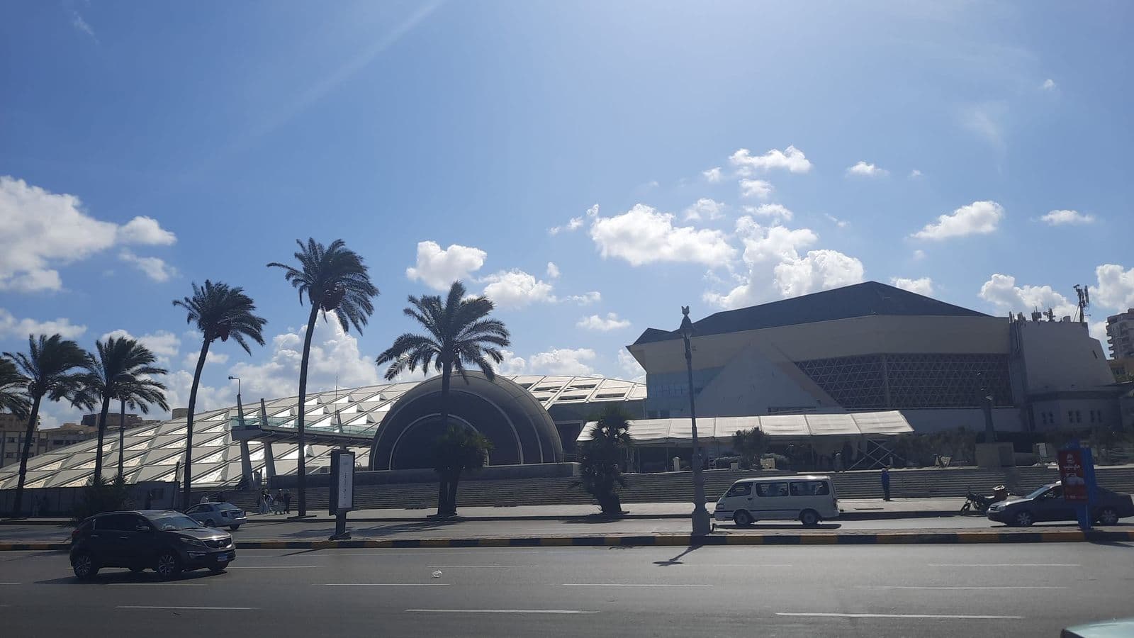 The tilted roof of the Bibliotheca Alexandrina by the Mediterranean