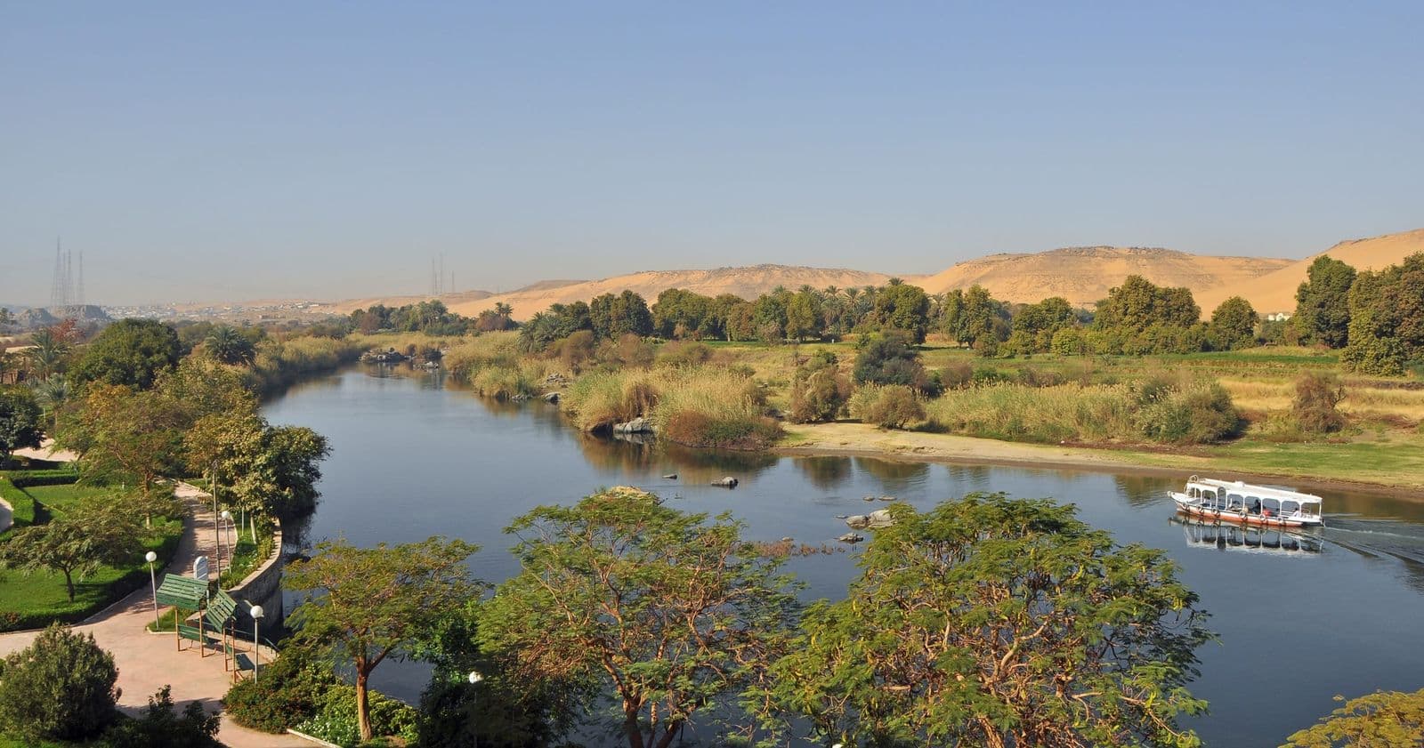 A wide view over the Nile and islands at Aswan