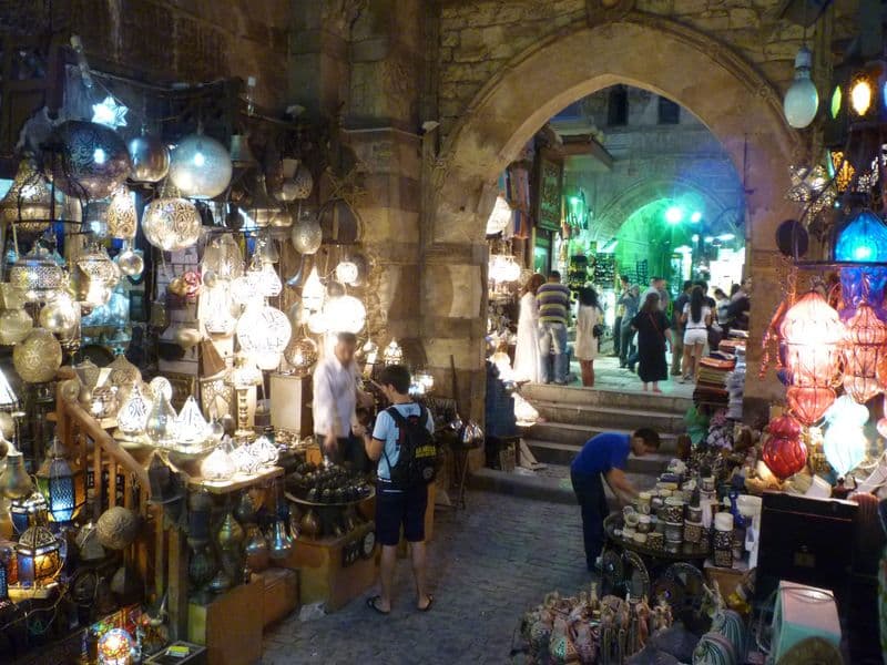 Glowing brass lamps for sale in Cairo's old bazaar