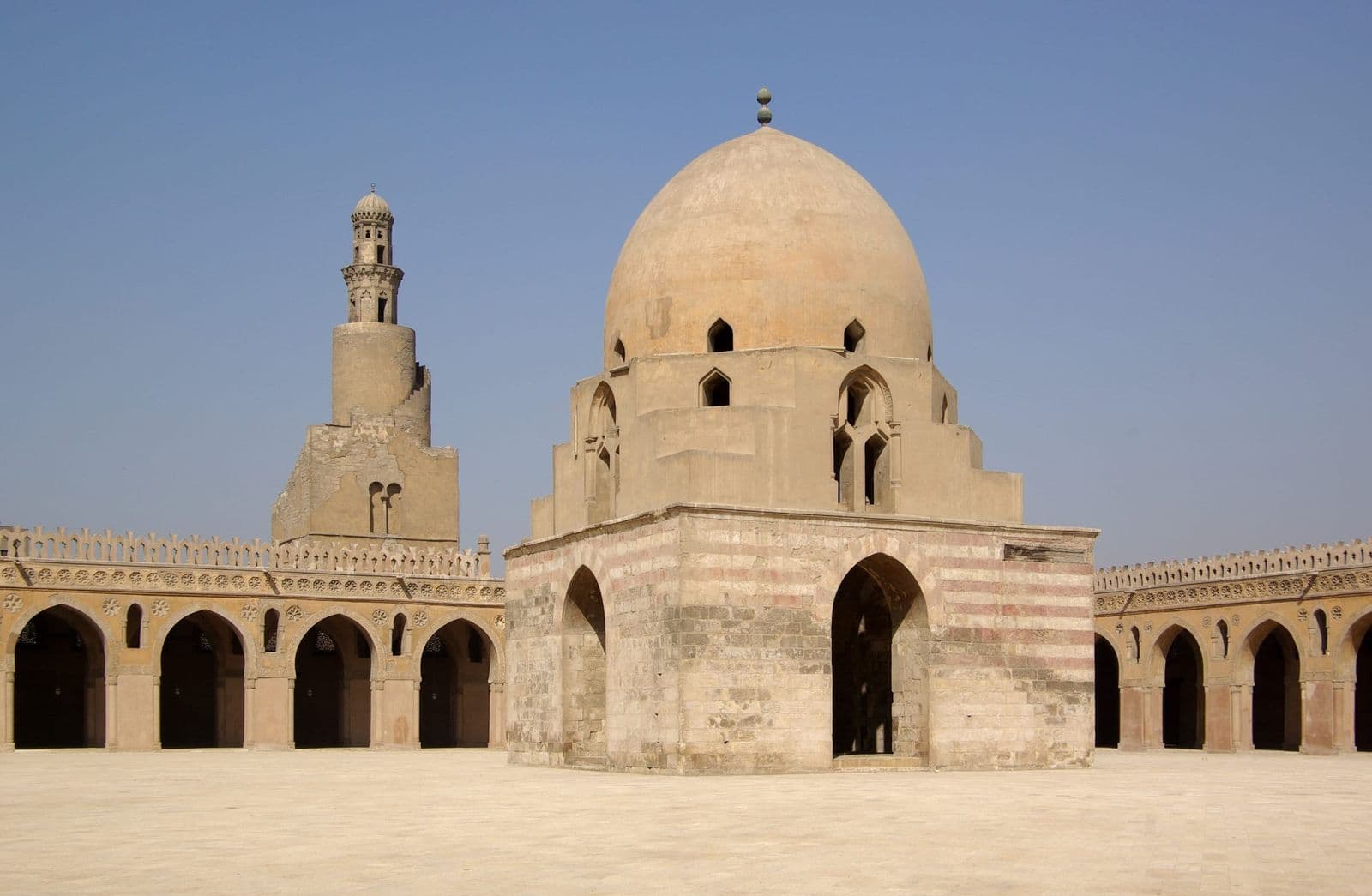 The courtyard and spiral minaret of the Mosque of Ibn Tulun in Cairo