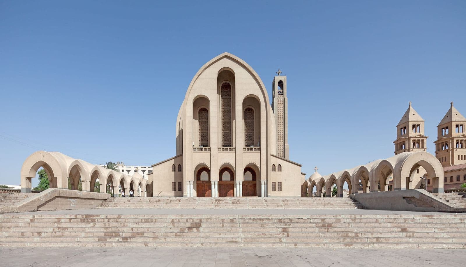 The arched facade of Saint Mark's Coptic Orthodox Cathedral in Cairo