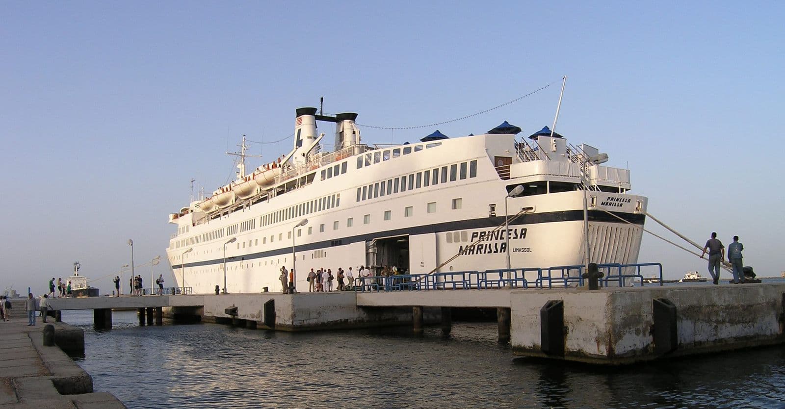 A cruise ship moored at the passenger pier in Port Said