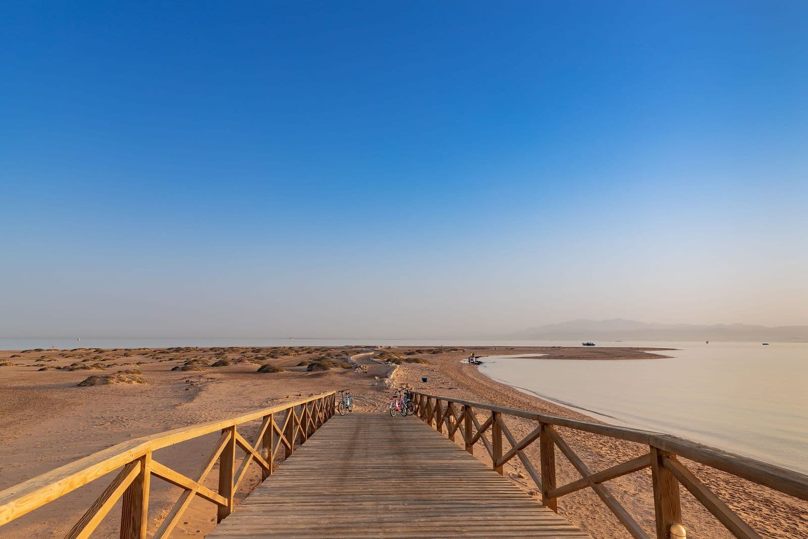A wooden boardwalk to the beach at Soma Bay near Safaga