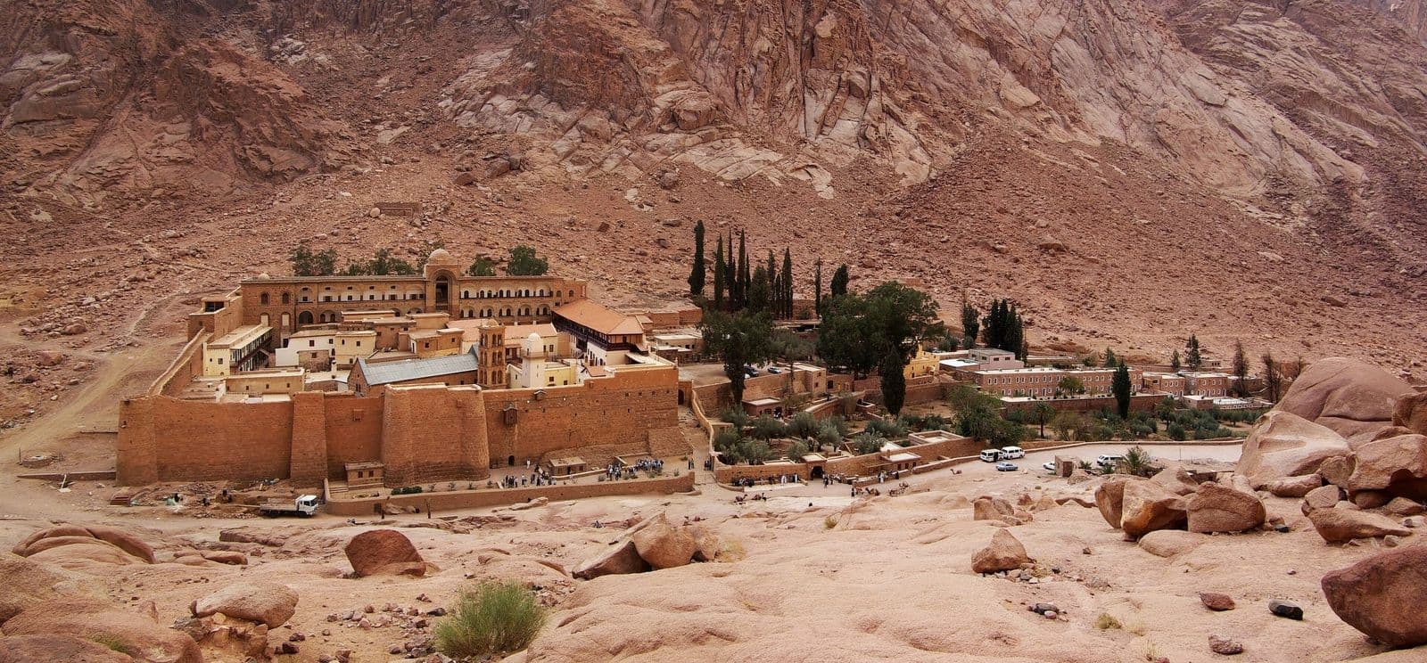 Saint Catherine's Monastery and its gardens in a Sinai valley