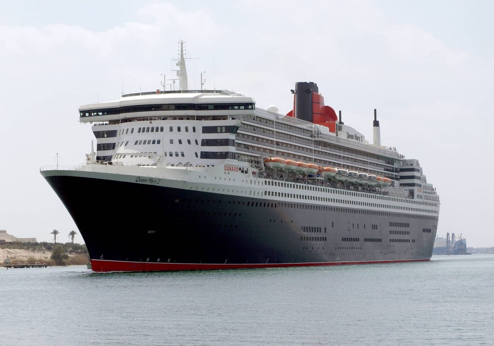 A large ocean cruise liner sailing along the Suez Canal past palm trees