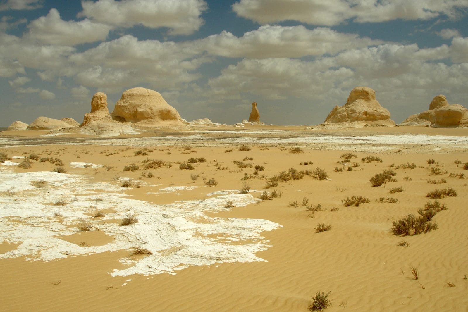White chalk formations scattered across the White Desert