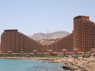 Hotels on the Red Sea shore at Ain Sokhna with the Galala mountains