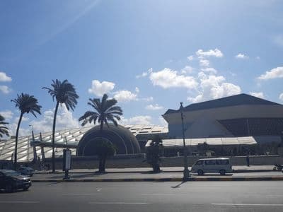 The tilted roof of the Bibliotheca Alexandrina by the Mediterranean
