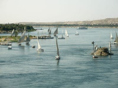 Many feluccas on the wide Nile at Aswan
