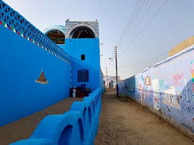 Blue painted walls in a Nubian village on the Nile at Aswan