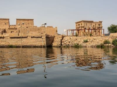 Philae Temple seen from a boat on the lake