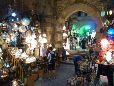 Glowing brass lamps for sale in Cairo's old bazaar