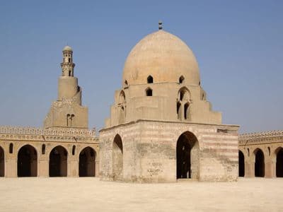 The courtyard and spiral minaret of the Mosque of Ibn Tulun in Cairo
