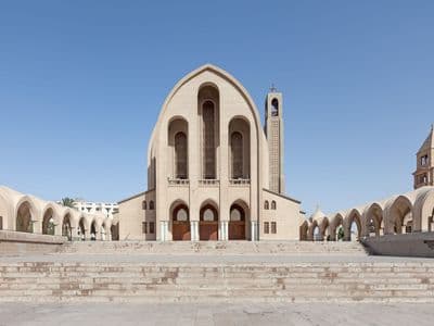The arched facade of Saint Mark's Coptic Orthodox Cathedral in Cairo