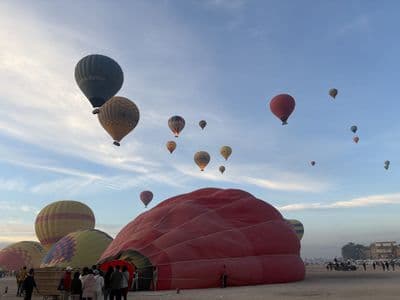 Hot-air balloons rising over Luxor's West Bank at sunrise