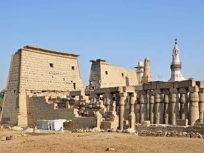 The colonnade and pylon of Luxor Temple in the morning sun
