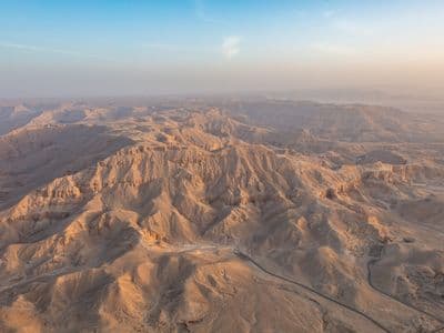 The Theban hills above the Valley of the Kings, seen from the air at sunrise