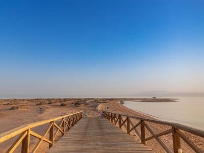 A wooden boardwalk to the beach at Soma Bay near Safaga