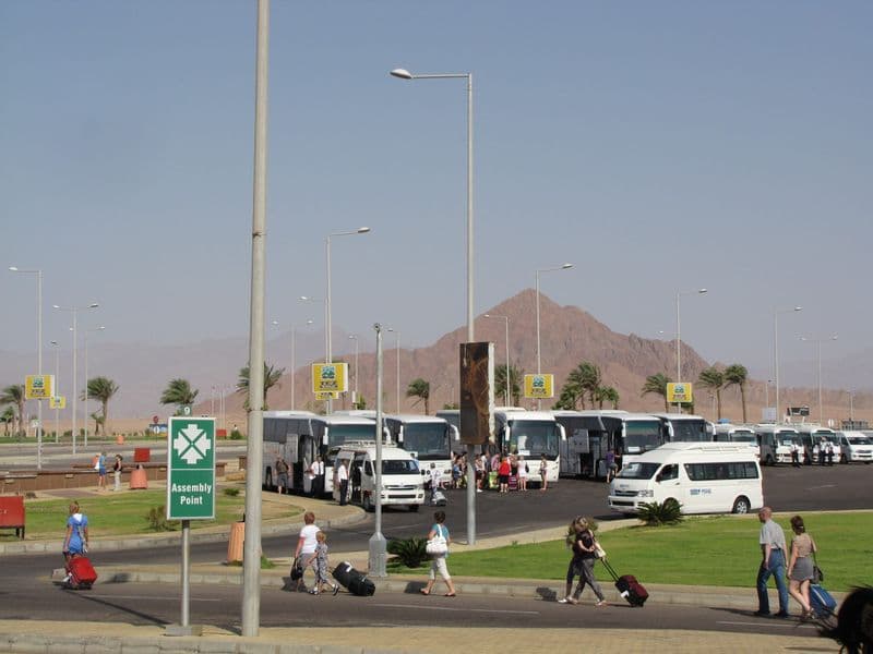 Travelers with suitcases walking to waiting minibuses outside Sharm el-Sheikh airport, mountains behind