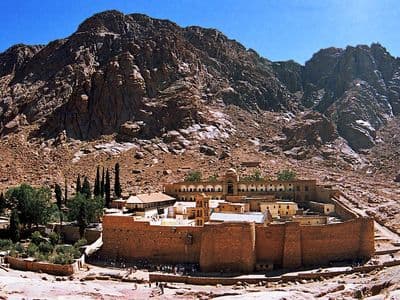 Saint Catherine's Monastery below the granite peaks of Sinai