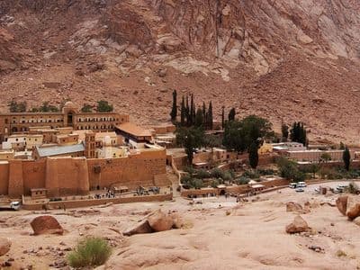 Saint Catherine's Monastery and its gardens in a Sinai valley
