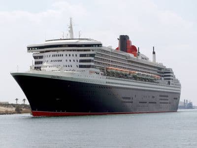 A large ocean cruise liner sailing along the Suez Canal past palm trees